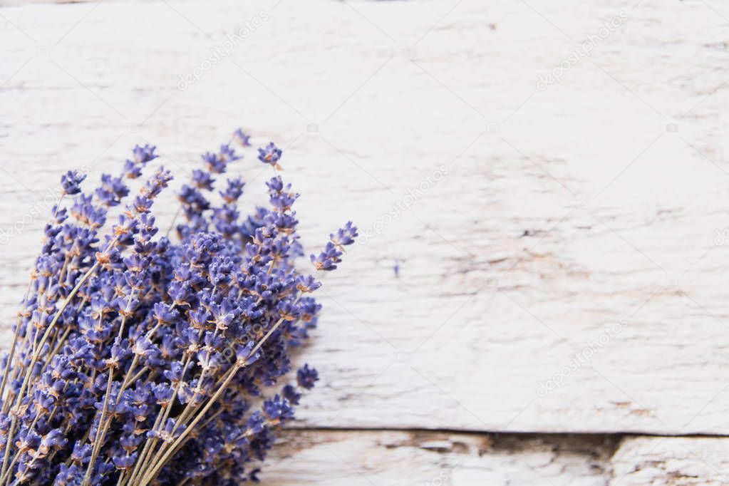 Lavender flowers, bouquet on rustic background, overhead