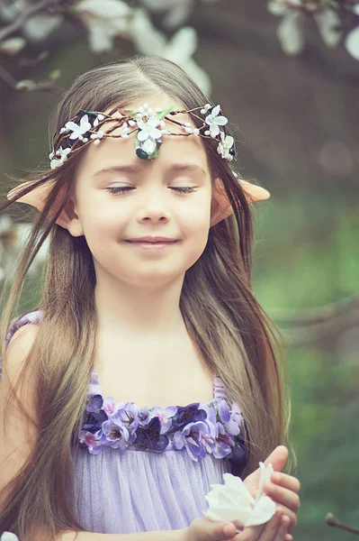 Girl Elf Costume Walking Blooming Garden — Stock Photo, Image