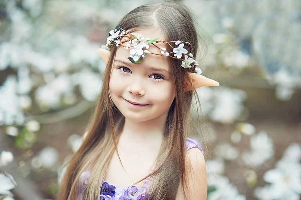 Girl Elf Costume Walking Blooming Garden — Stock Photo, Image