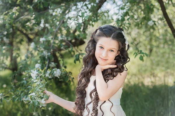 Brunette Girl Walking Blooming Apple Garden Spring — Stock Photo, Image