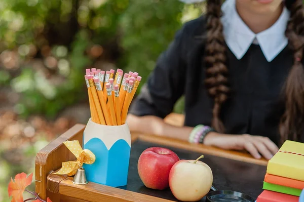 Schoolboeken apparatuur potloden — Stockfoto