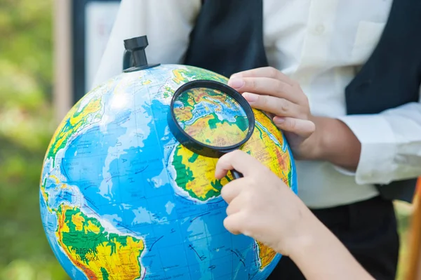 School Boy Looking Globe Studying Geography Globe Book Beginning School — Stock Photo, Image