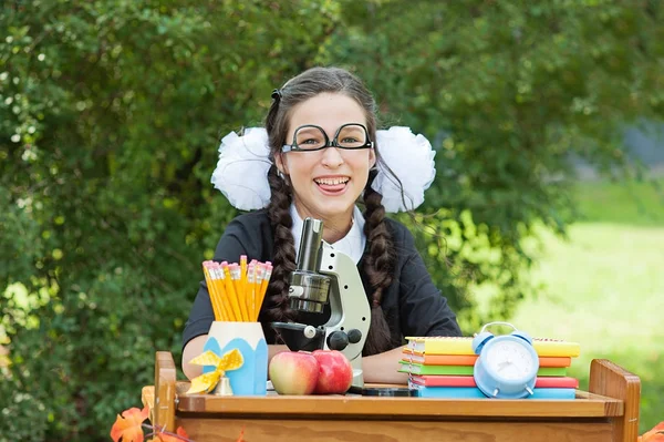 Retrato de una hermosa colegiala sentada en un escritorio —  Fotos de Stock