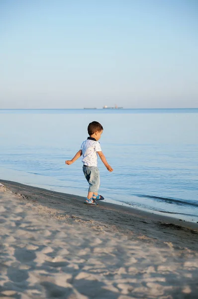 海沿いの小さな男の子は 水で石を投げます 幸せな子供時代 夏の休暇 — ストック写真