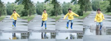 Puddle, kolaj Foto ** raf oynarken küçük çocuk yağmurluk ve lastik çizmeler 