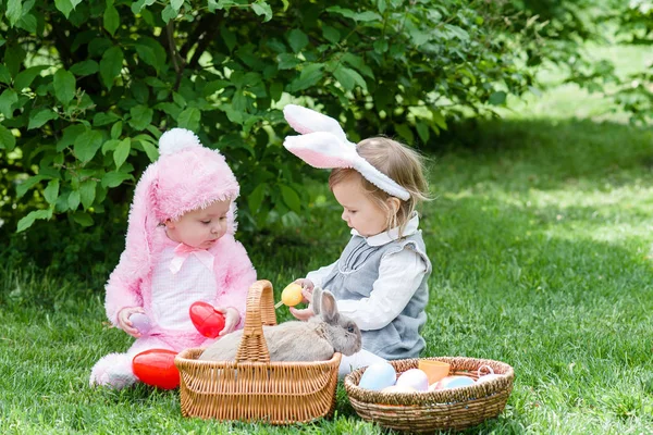 Children play with real rabbit. Laughing child at Easter egg hunt with pet bunny. — Stock Photo, Image