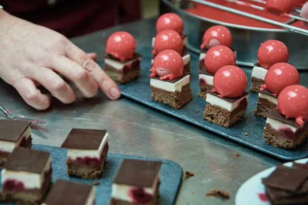 French mousse cakes with mirror glaze.