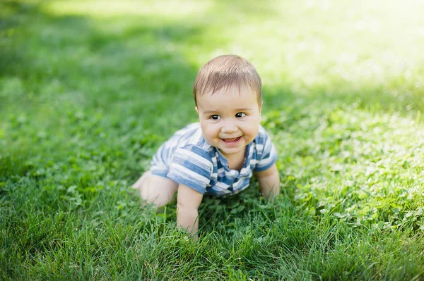 7 month child crawls on grass in yard, — ストック写真