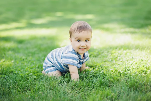 7 month child crawls on grass in yard, — ストック写真