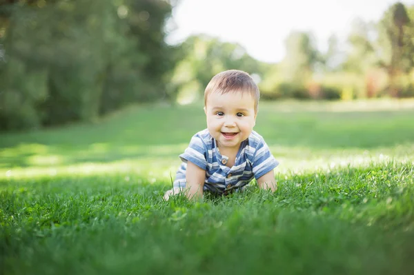 7 month child crawls on grass in yard, — ストック写真