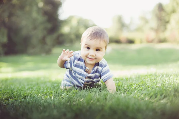 7 meses criança rasteja na grama no quintal , — Fotografia de Stock