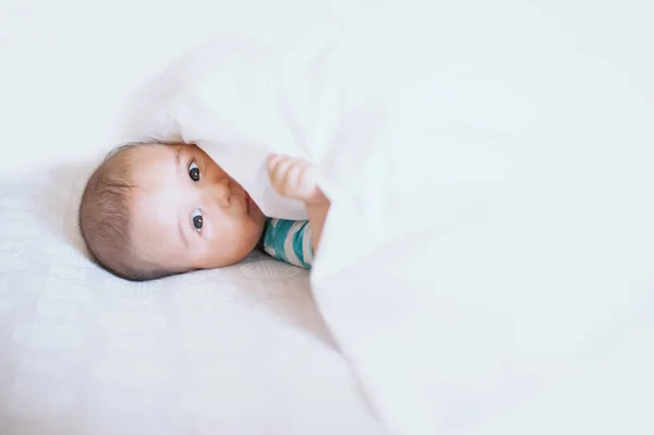 7 meses criança rasteja na grama no quintal , — Fotografia de Stock