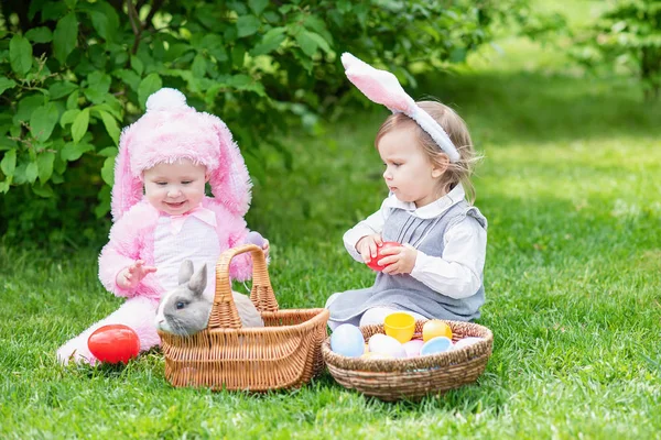 Little Cute Girls Wearing Bunny Ears Costume Playing Rabbit While — Stock Photo, Image