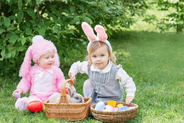 Little Cute Girls Wearing Bunny Ears Costume Playing Rabbit While — Stock Photo, Image