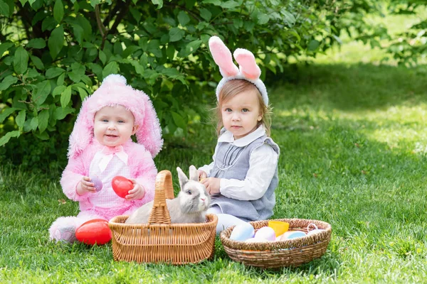 Little Cute Girls Wearing Bunny Ears Costume Playing Rabbit While — Stock Photo, Image