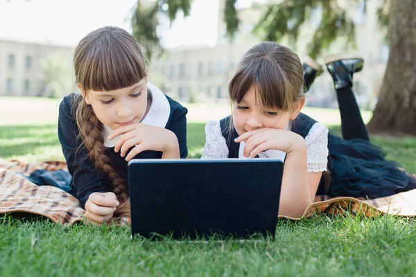 Groep basisschool kinderen Samenwerken aan de natuur in het park huiswerk maken op laptop — Stockfoto