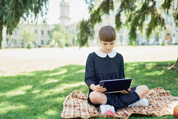 Groep basisschool kinderen Samenwerken aan de natuur in het park huiswerk maken op laptop — Stockfoto