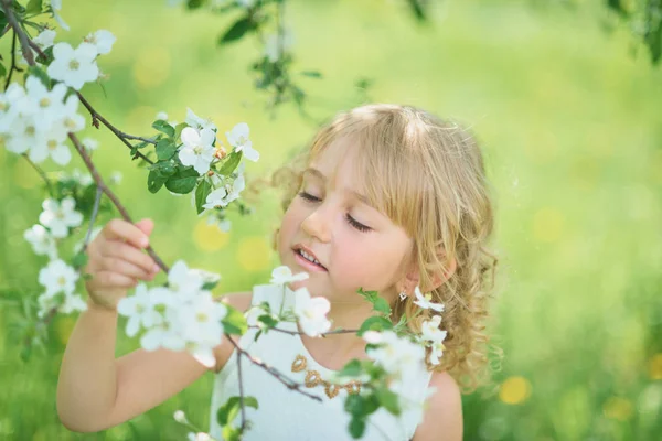 Flicka som sniffar blommor av äppelträdgård. trädgård med blommande träd — Stockfoto