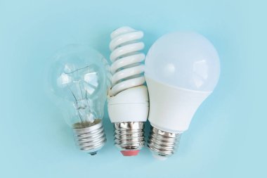 Tungsten, floresan ve mavi arka planda Led ampulü.