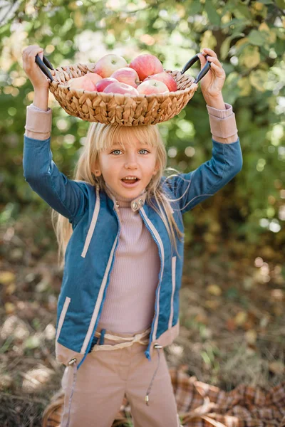 Anak-anak dengan Apple di Orchard. Konsep Panen . — Stok Foto