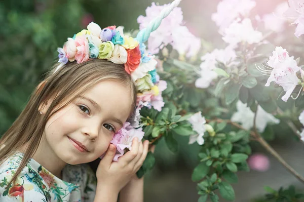 Fantasy Little Girl Rainbow Unicorn Horn Headband Posing Azalea Flowers — Stock Photo, Image