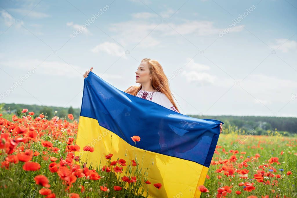 Girl carries fluttering blue and yellow flag of Ukraine in field.