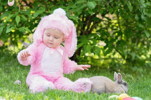 Little Toddler Girl Bunny Costume Playing Rabbit While Sitting Painted — Stock Photo, Image