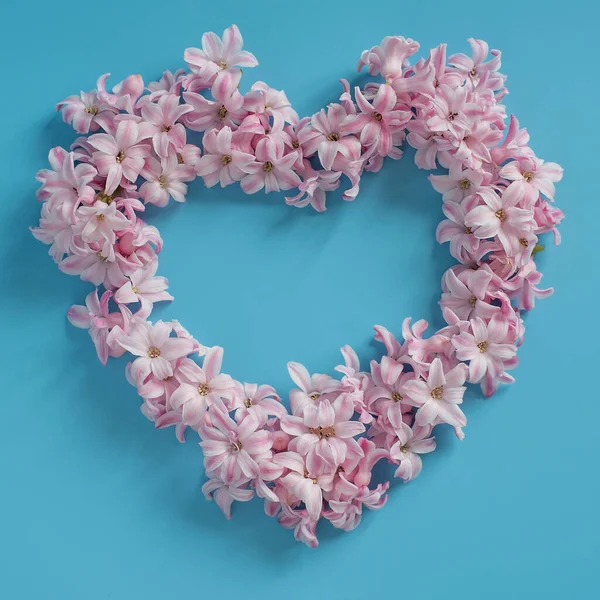 Flowers composition. Wreath made of Hyacinth Pink flowers on blue background in shape of heart frame. Easter, spring, summer, Valentines day concept. Flat lay, top view, copy space. Flower card.