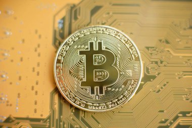 Bitcoin ve anakart. Şifreli para birimi Altın Bitcoin, Btc, Bit Coin. Bitcoin Blockchain teknolojisinin makro çekimi, bitcoin madencilik konsepti. Yumuşak seçici odak
