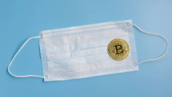 Bitcoin Coin Protective Surgical Mask Blue Background Epidemic Virus Outbreak — Stock Photo, Image