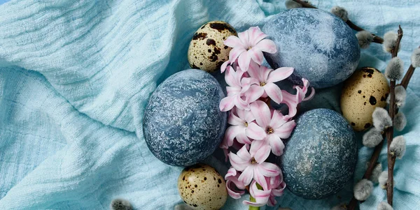 Ovos Páscoa Azuis Fundo Azul Naturalmente Ovos Pintados Com Hibisco — Fotografia de Stock