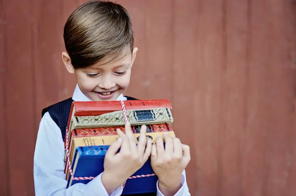 Retrato Menino Escola Feliz Com Livros Sobre Fundo Madeira Vermelha — Fotografia de Stock