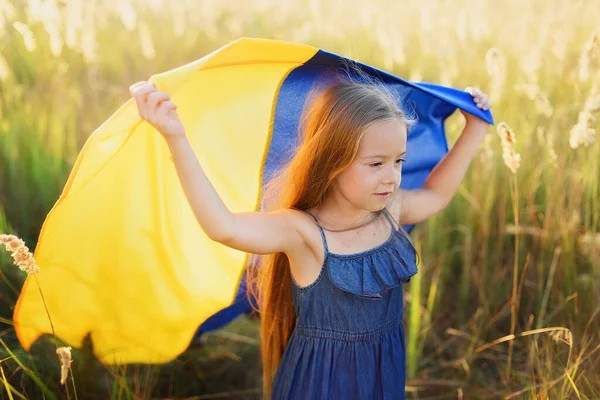 Ukrayna Nın Dalgalanan Mavi Sarı Bayrağıyla Mutlu Küçük Kız Güneşli — Stok fotoğraf
