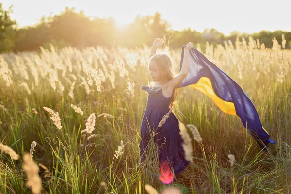 晴れた夏の日にフィールドで歩くウクライナの青と黄色の旗をなびかせ 幸せな女の子 ウクライナ独立記念日と憲法の日の概念 愛国的な休日 — ストック写真