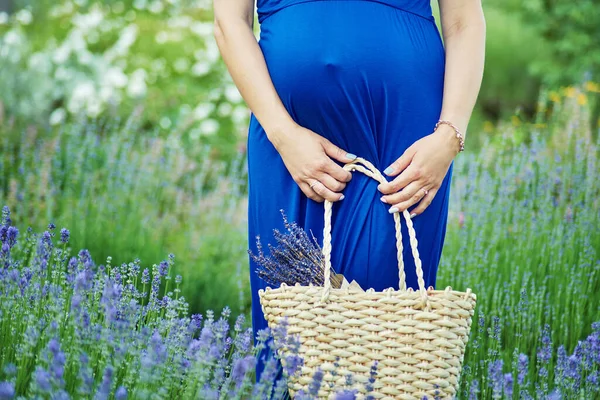 Piękna Kobieta Trzymająca Wiklinową Torbę Bukietem Kwiatów Lawendy Stojąca Polu — Zdjęcie stockowe