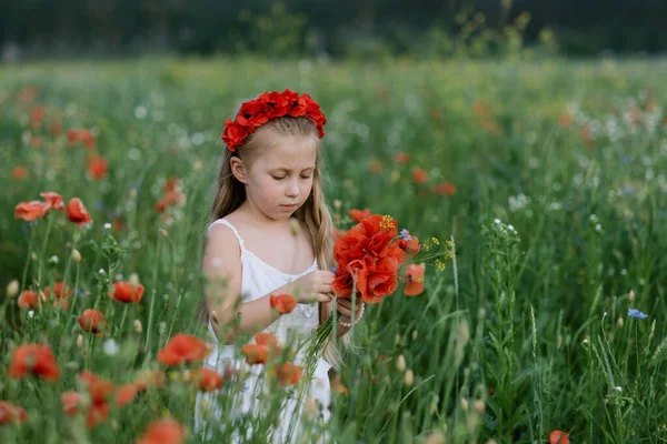 Ukrainian Beautiful Little Girl Floral Wreath Collecting Poppies Cornflowers Summer — Stock Photo, Image