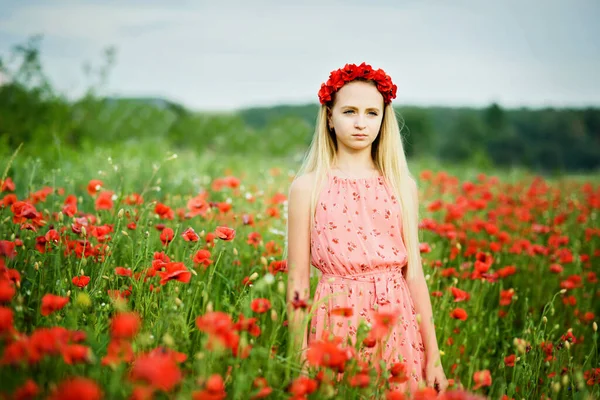 ウクライナ語美しいです女の子で花花輪歩行の間にケシで夏フィールドで晴れた日 — ストック写真