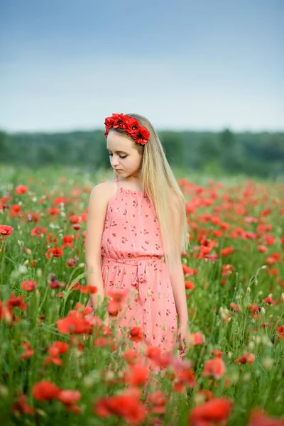 阳光普照的夏日 乌克兰美丽的小女孩头戴花环 在罂粟丛中散步 — 图库照片