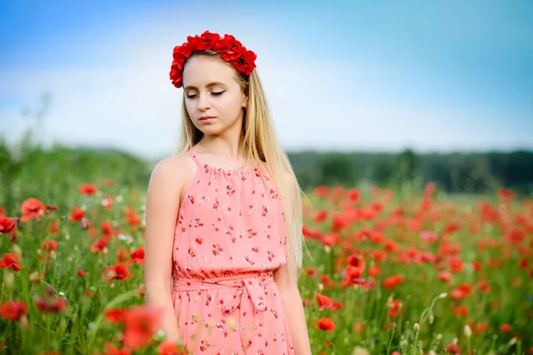 ウクライナ語美しいです女の子で花花輪歩行の間にケシで夏フィールドで晴れた日 — ストック写真