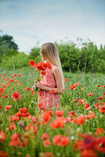 ウクライナ語美しいです女の子で花花輪収集ポピーで夏フィールドで晴れた日 — ストック写真