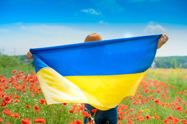 счастливая женщина с развевающимся сине-желтым флагом Украины, гуляющая по полю в солнечный летний день, концепция Дня Независимости Украины и Дня Конституции, Патриотический праздник
 