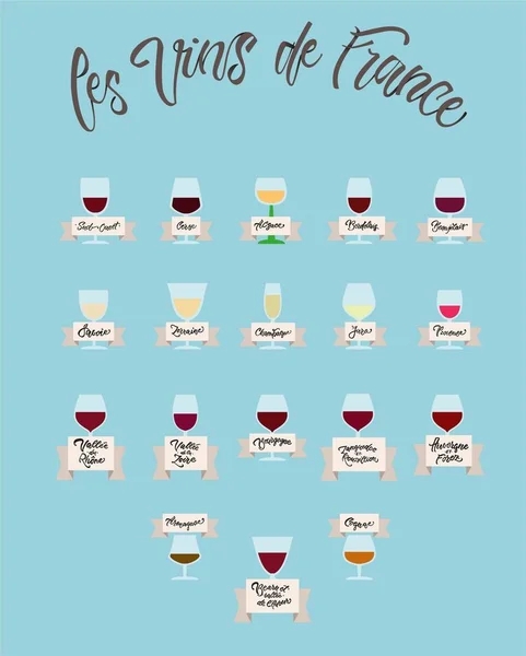 Vector lettering and flat illustration of wine "Les vins de France' — 스톡 벡터