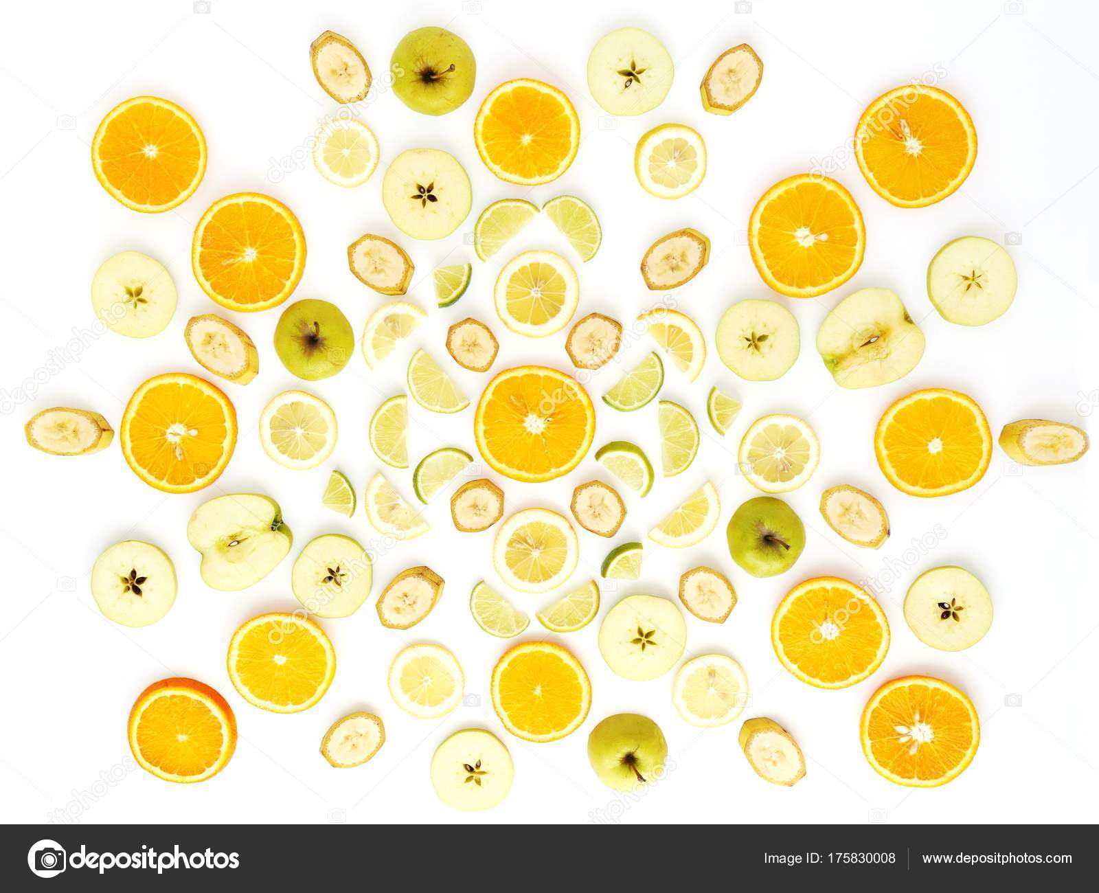 新鮮なカット フルーツの食のパターン オレンジ レモン バナナ キウイ りんご みかんのスライス トップ ビューから構成フラット横たわっていた ストック写真 C Tanya Morozz