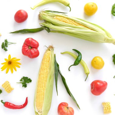 Mısır, biber ve domates beyaz arka plan üzerinde izole gıda kolaj