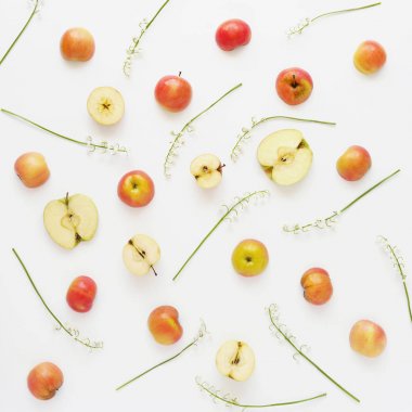 Elma ve beyaz arka plan üzerinde izole çiçekler Gıda kompozisyonu