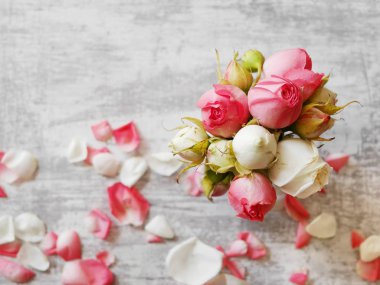 Gül buket üstten görünüm gri arka plan üzerinde