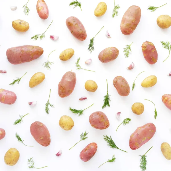 Composición Los Alimentos Incluidas Las Patatas Ajo Vegetación Aislados Sobre — Foto de Stock