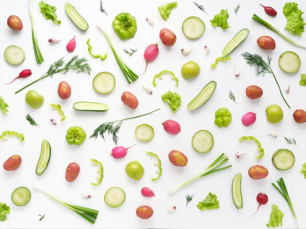 Composição Alimentos Com Rabanetes Pepinos Pimentas Tomates Batatas Alho Cebolas — Fotografia de Stock