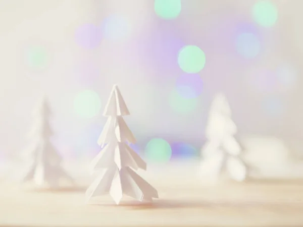 Kağıt Origami Ağaçları Güzel Bokeh Parlamayı Çelenk Ile Noel Yeni — Stok fotoğraf