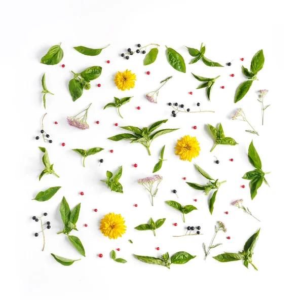 Květinová Kompozice Bazalkou Listy Korintky Růžové Řebříček — Stock fotografie